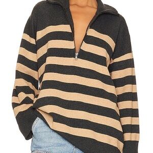 Free People Coastal Stripe Pullover Carbon Camel Combo Small